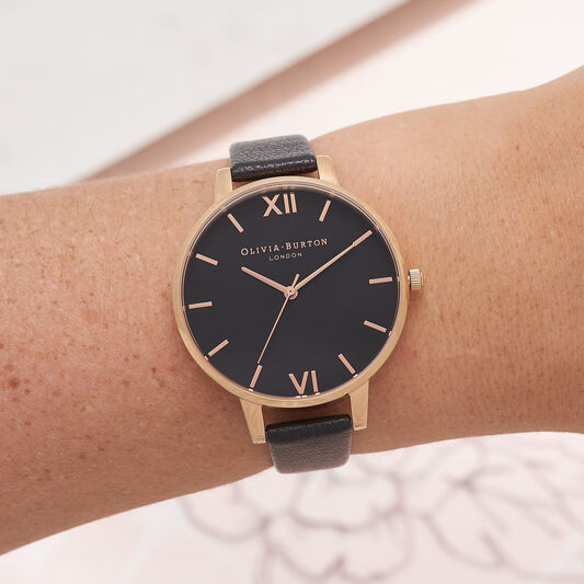 Ladies Big Dial Black And Rose Gold Watch Olivia Burton London