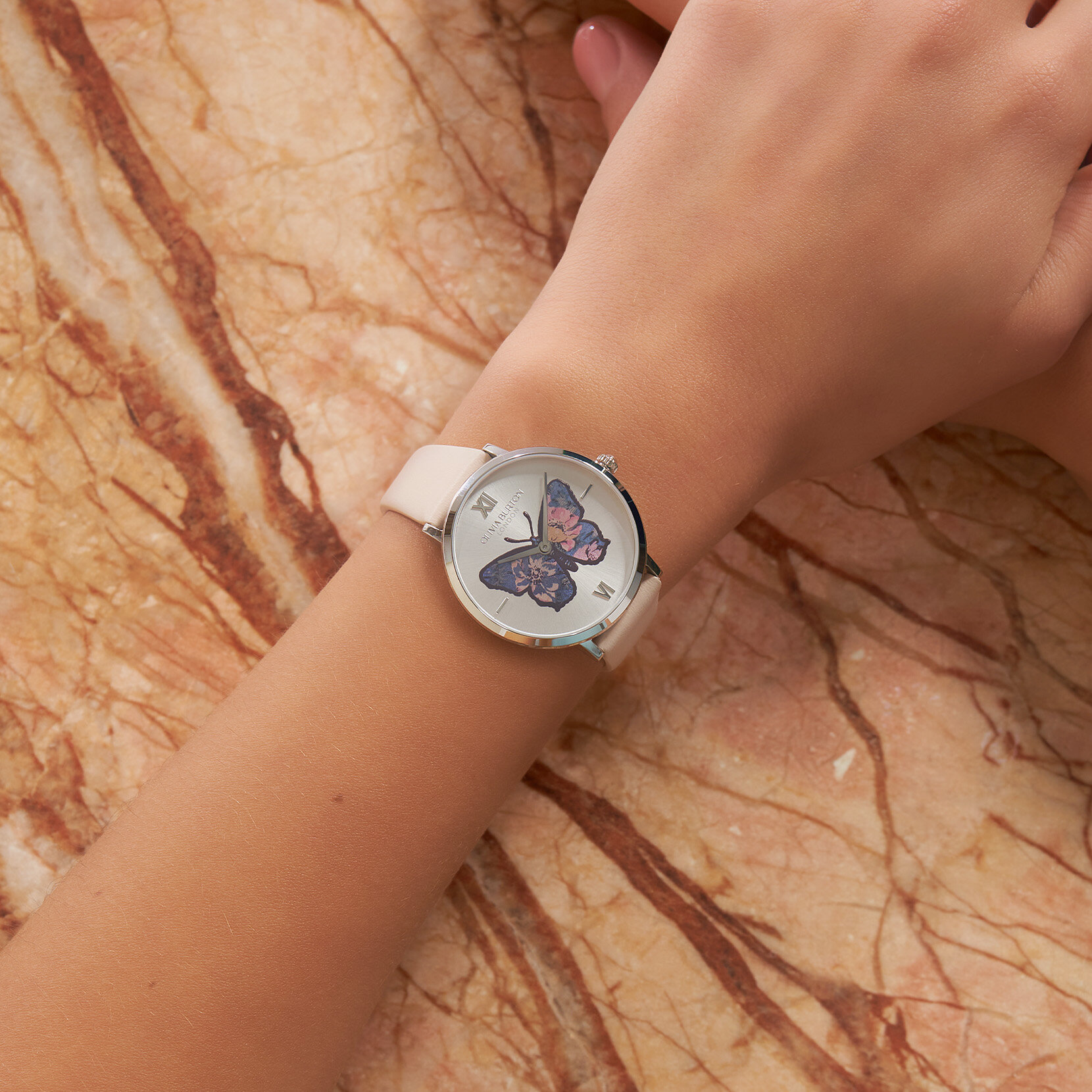 35mm Butterfly Ultra Slim Silver & Nude Leather Strap Watch