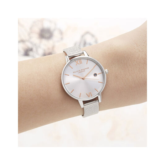 Sunray Silver & Rose Gold Boucle Mesh Watch
