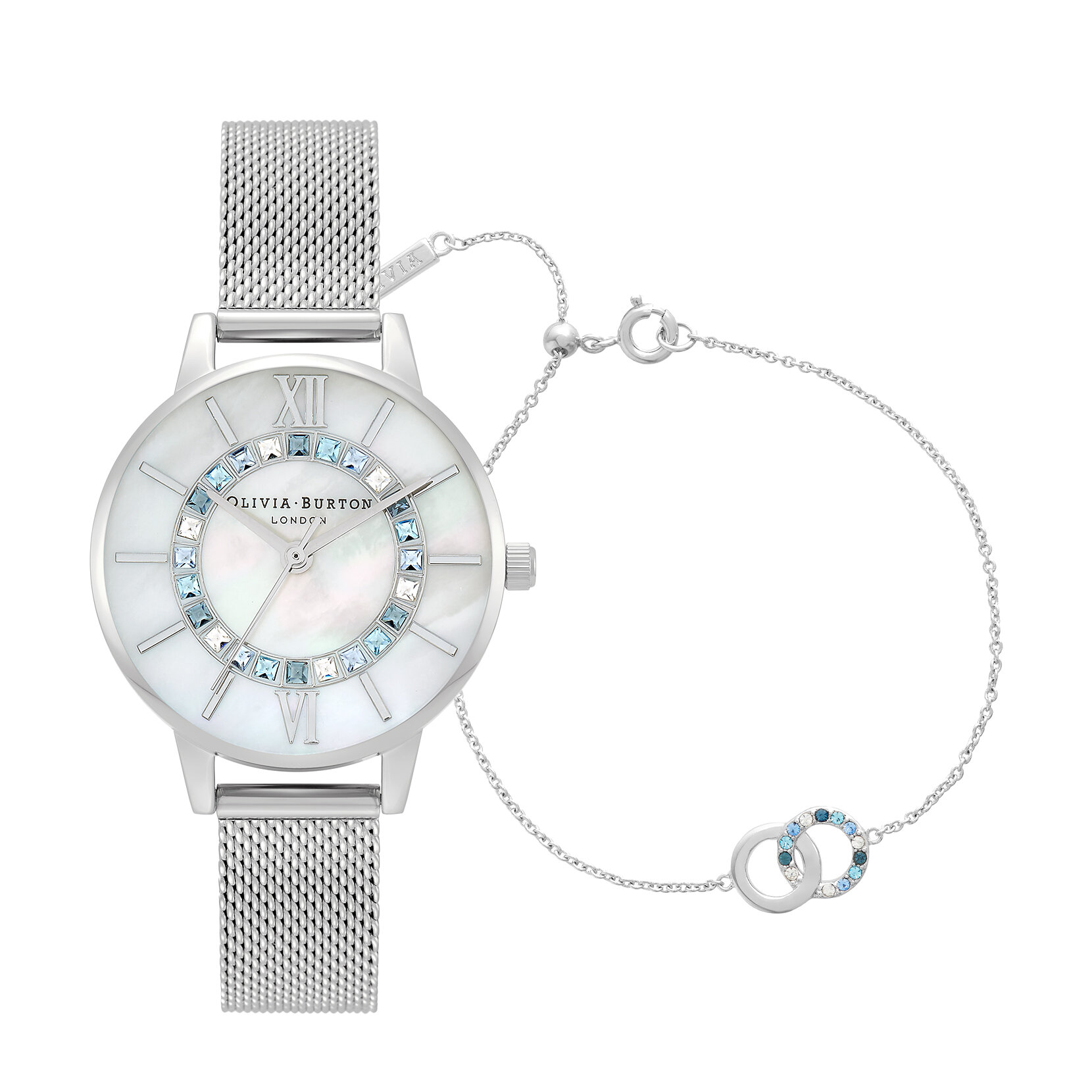 Coffret-cadeau avec montre Wonderland Blue Crystal et bracelet Interlink argent