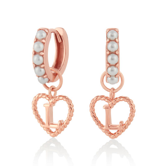 Faux Pearl Heart Initial Huggie Hoop Rose Gold