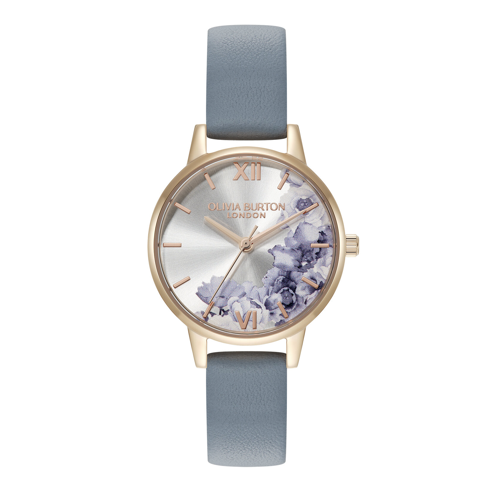 30mm Illustrated Florals Rose Gold & Chalk Blue Leather Strap Watch