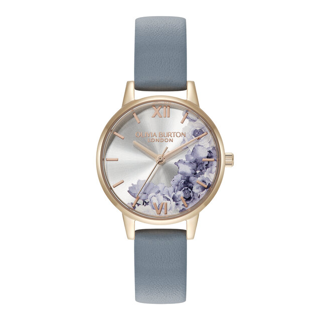 Montre au bracelet en cuir ornée de fleurs 30mm or rose et bleu craie