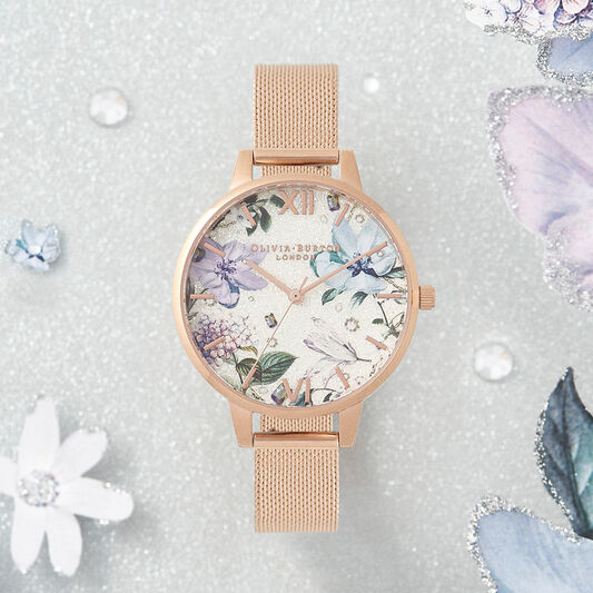 Bejewelled Florals Silver Glitter Dial & Rose Gold Mesh