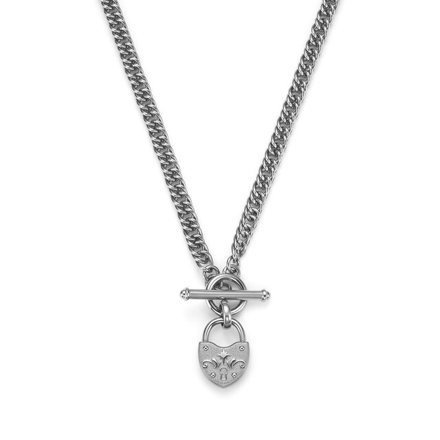 Lock Heart Silver Tone Toggle Necklace