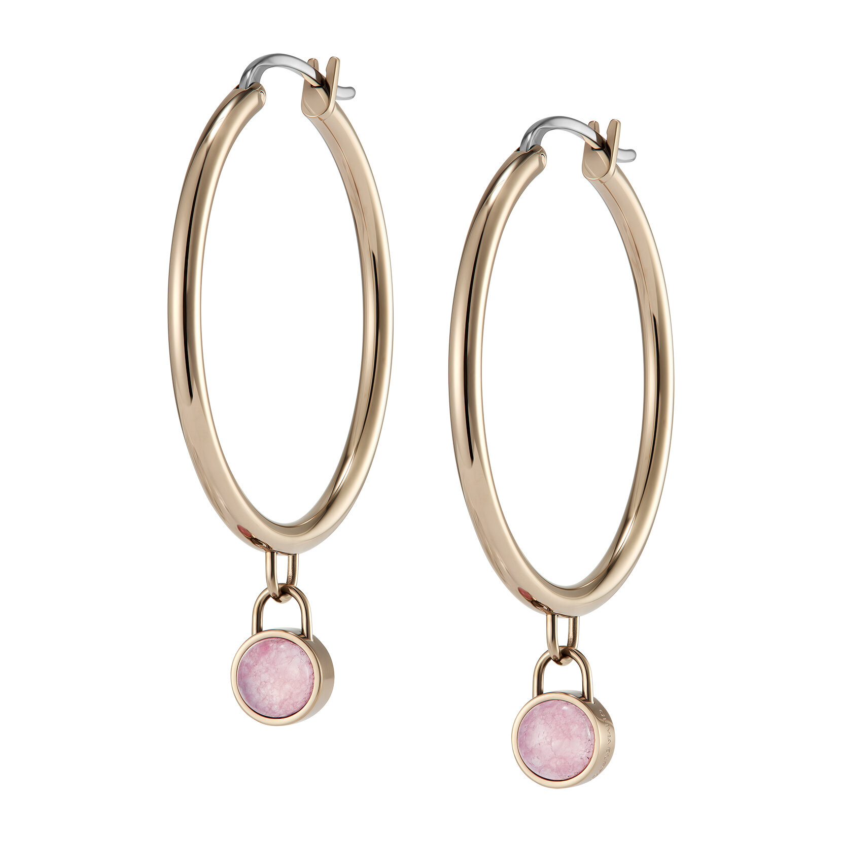 Boucles d'oreilles Créoles Pierre Précieuse Quartz Rose Cabochon Plaqué Or Rose