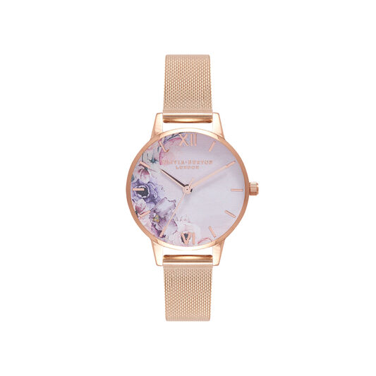Watercolour Florals Rose Gold Mesh Watch