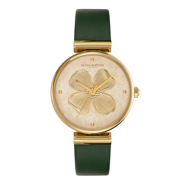 Montre Fleur de cornouiller avec fermoir en T et bracelet en cuir Or et Vert 36 mm