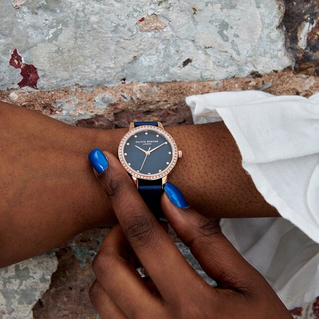 30mm Rose Gold & Blue Leather Strap Watch