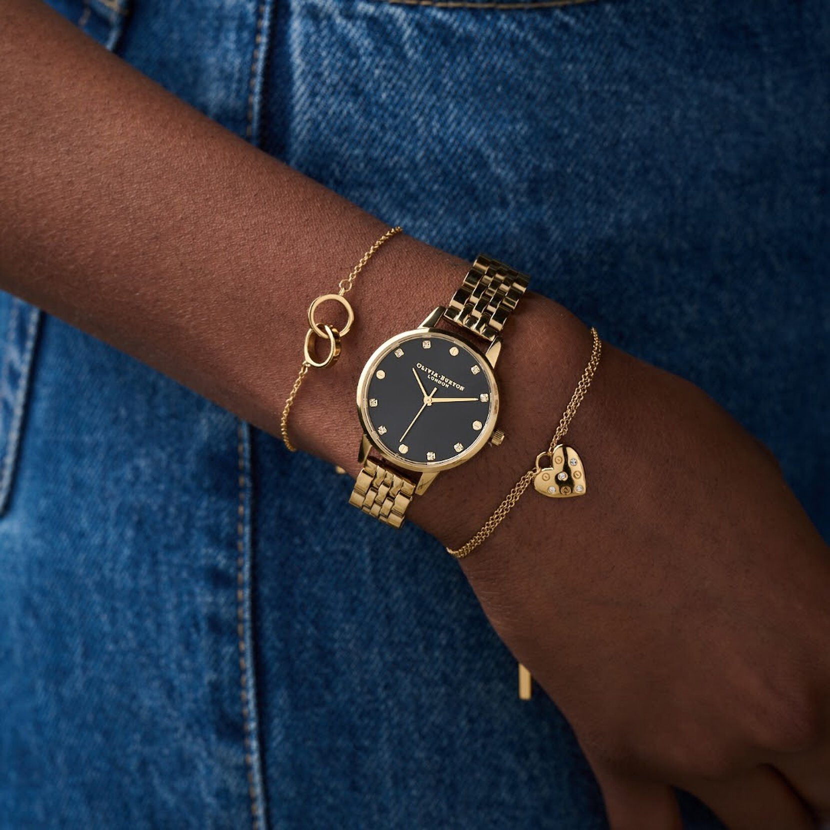 Sunray Black & Gold Watch, Interlink Bracelet & Screw Heart Bracelet Bundle