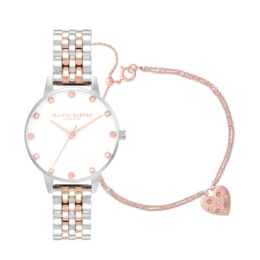 Classic Midi Dial Silver & Rose Gold Bracelet Watch & Classic Heart Bracelet Gift Set