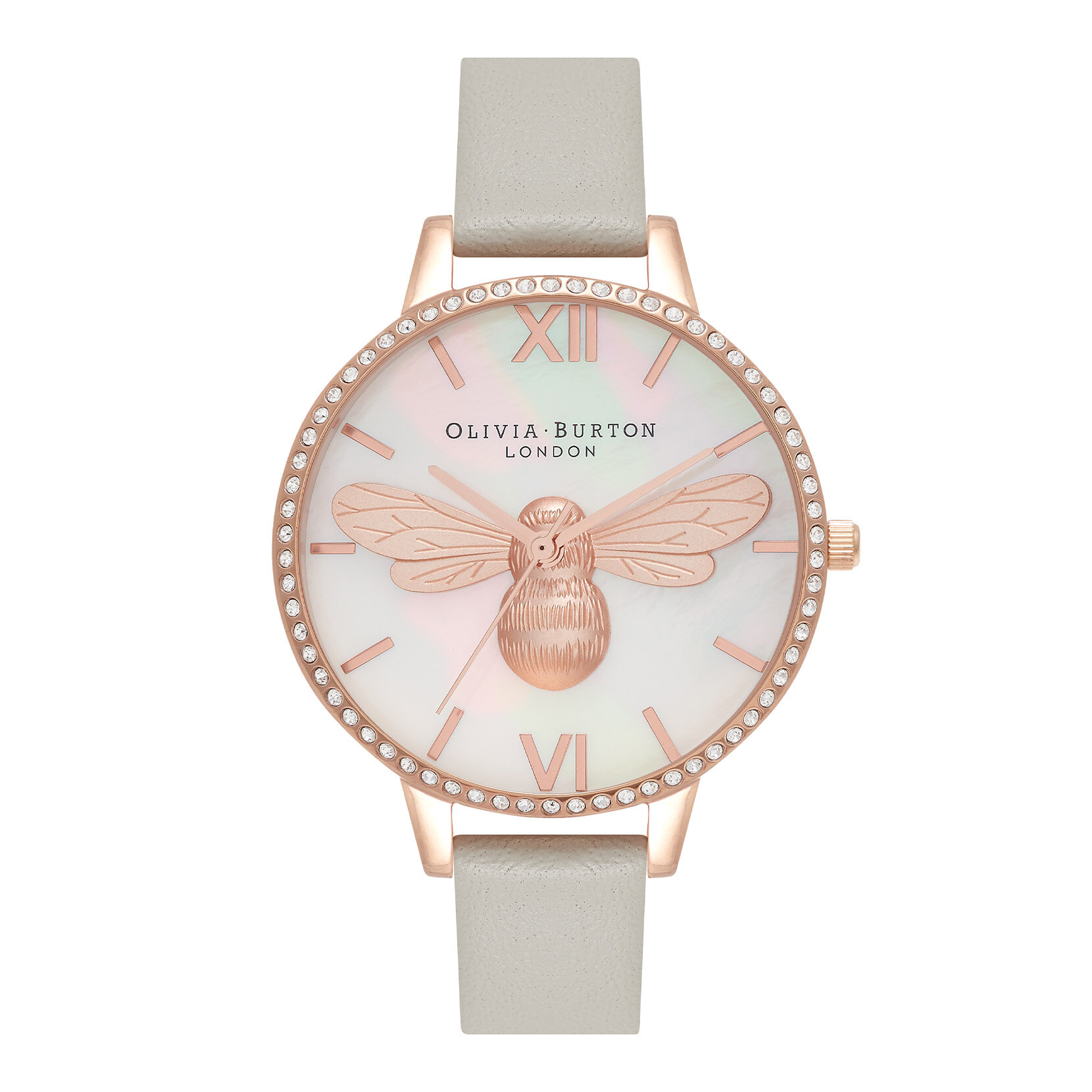 Montre charme grise et or rose à cadran demi au motif d'abeille