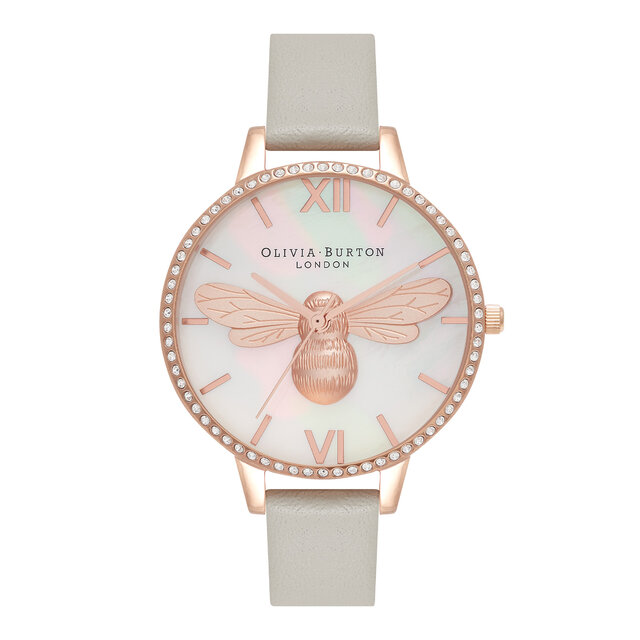 34mm Rose Gold & Gray Leather Strap Watch