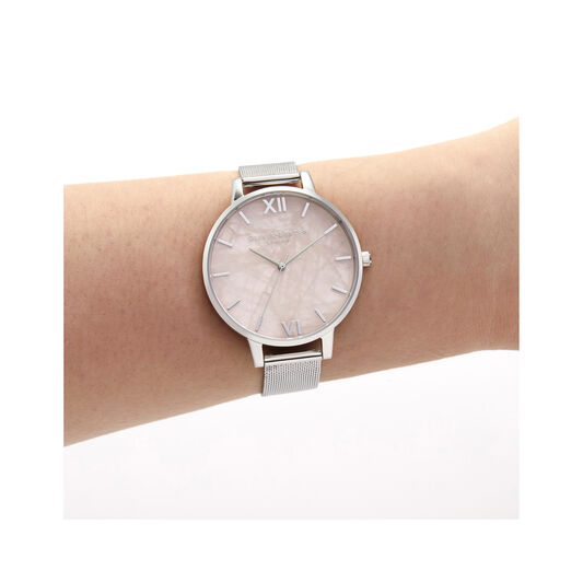 Big Dial Rose Quartz & Silver Mesh