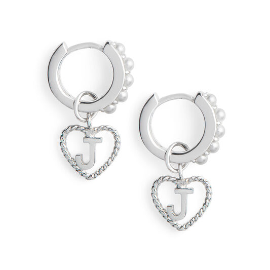 Faux Pearl Heart Initial Huggie Hoop Silver