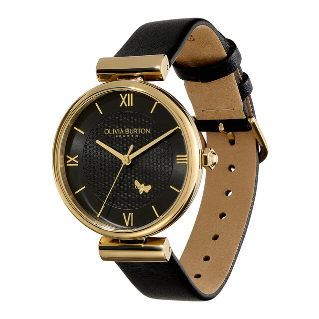 Montre Abeille Minima avec fermoir en T et bracelet en cuir Or et Noir 36 mm