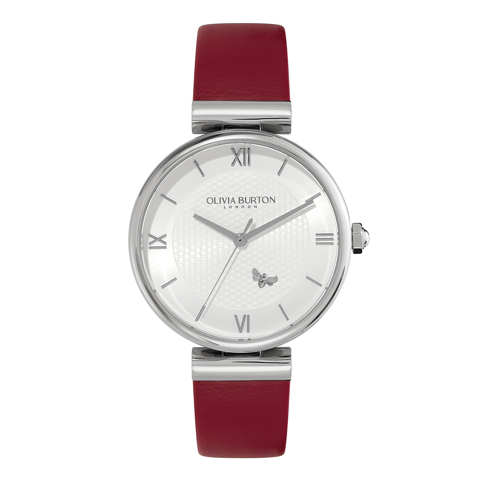 Signature 36mm Minima Bee T-Bar Silver & Cranberry Leather Strap 